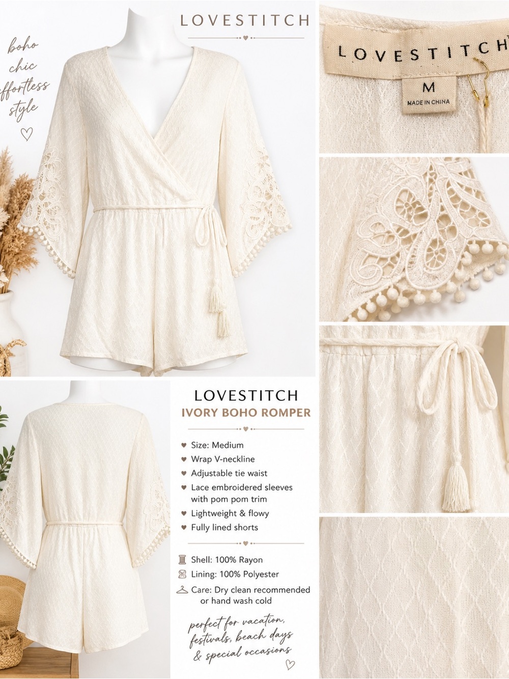 Lovestitch White Eyelet Lace Bell Sleeve Pom Pom Romper Size M NWT